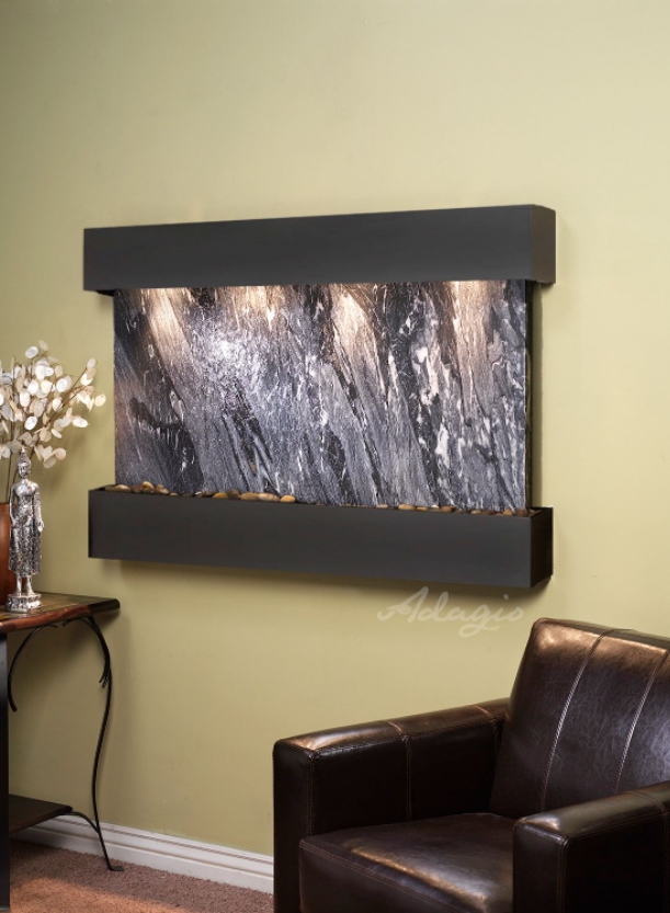 Sunrise Springs - Square Blackened Copper Black Spider Marble Wall Water Fountain 