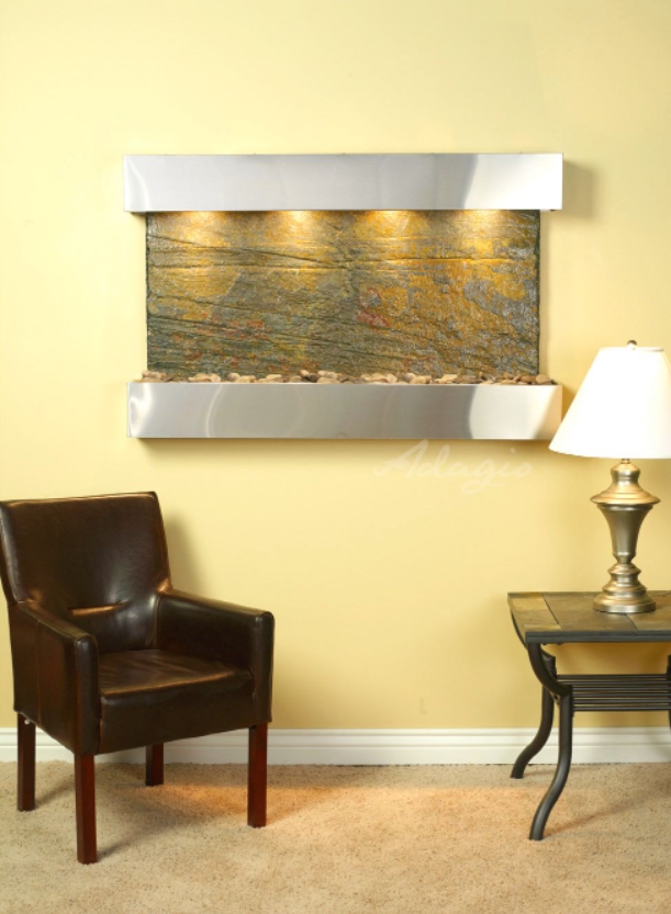 Sunrise Springs - Square Stainless Steel Green Natural Slate Wall Water Fountain 