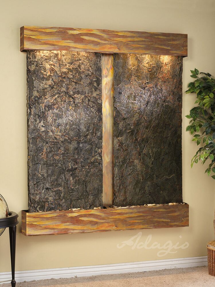 Cottonwood Falls Square Rustic Copper Green Natural Slate Wall Water Fountain
