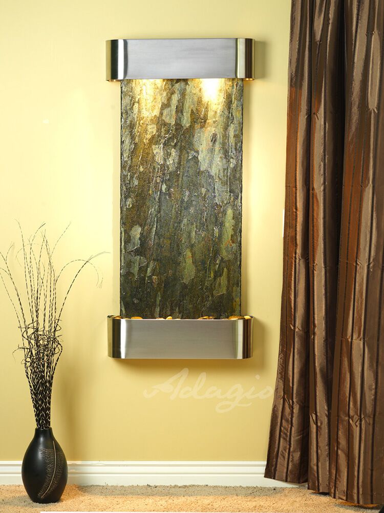Cascade Springs Round Stainless Steel Green Natural Slate Wall Water Fountain