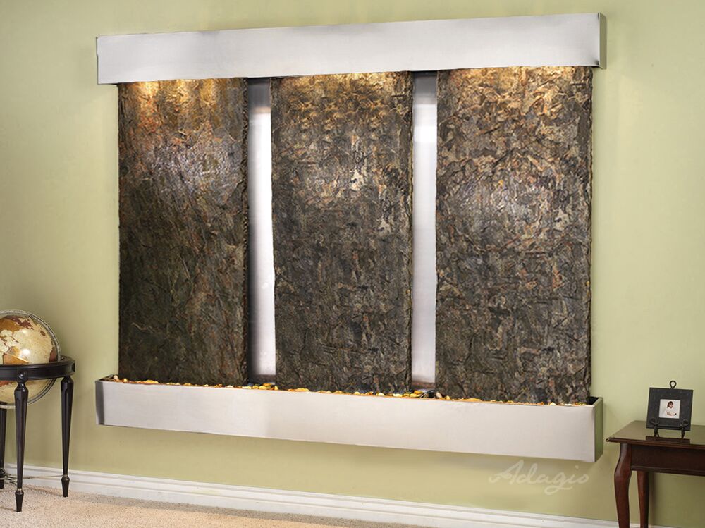 Deep Creek Falls Square Stainless Steel Green Natural Slate Wall Water Fountain